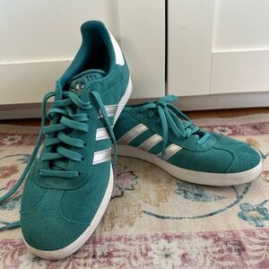 Adidas Gazelle, Turquoise Sneakers with Silver Accents.
